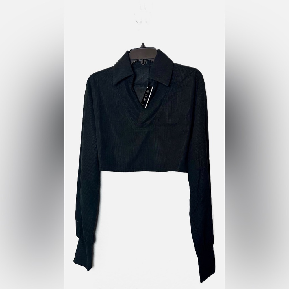 NWT AREA STARS Collared Long Sleeve Waffle Crop Top in Black